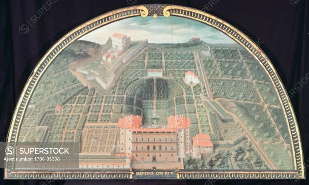 Palazzo Pitti and the Boboli Gardens in Florence, by Giusto Utens. Lunette frescoes depicting the Medici villas, 1599-1602, Italy 17th Century.