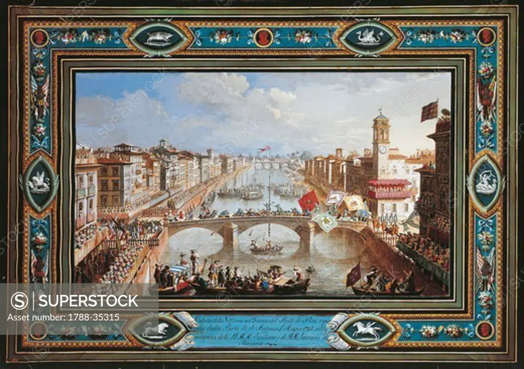 Giuseppe Terreni (1739-1811). Pisa, celebrations for the victory in the Gioco del Ponte (the Bridge Game), 1785. Folkloric festival taking place every year on the Ponte di Mezzo.