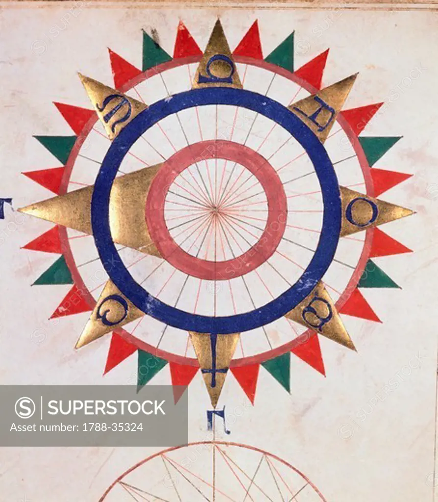 Compass rose, fifteenth century cartographic plate. Detail.