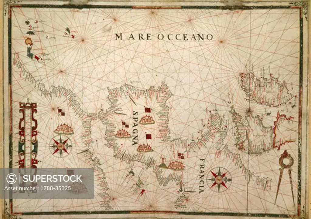 Cartography, 16th century. France and Spain. From the Nautical Atlas by Giovanni Oliva, Messina, Italy, 1592