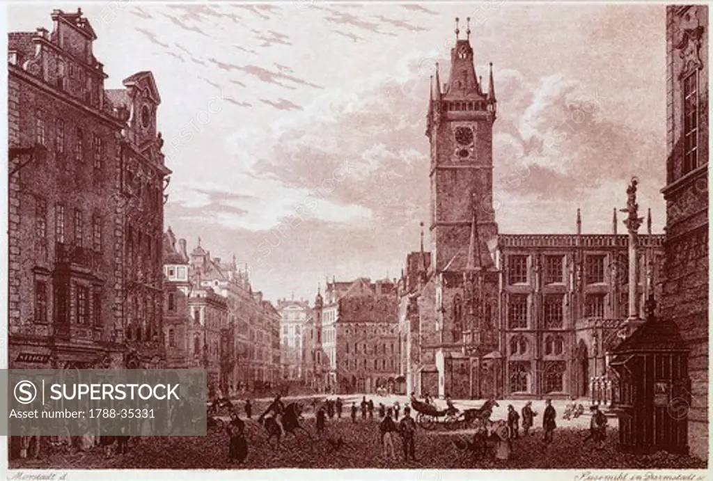 The Old Square in Prague with Bedrich Smetana's house, Czech Republic 19th Century.