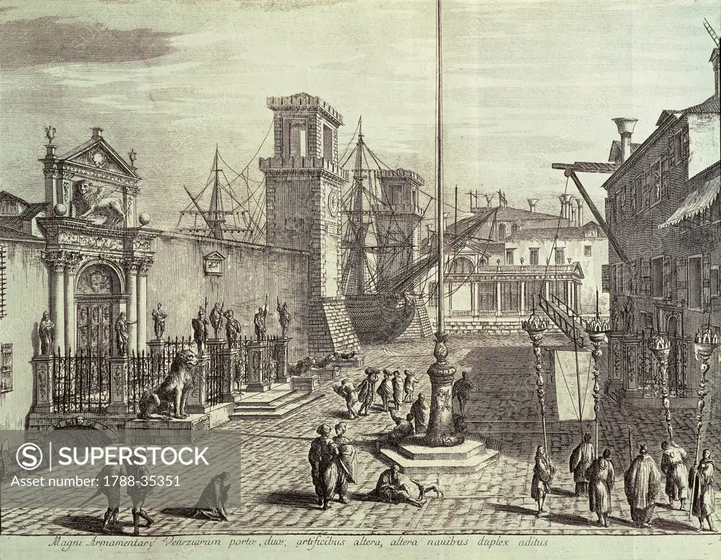 Italy, 18th century. Venice, entrance to the Arsenal. Print.