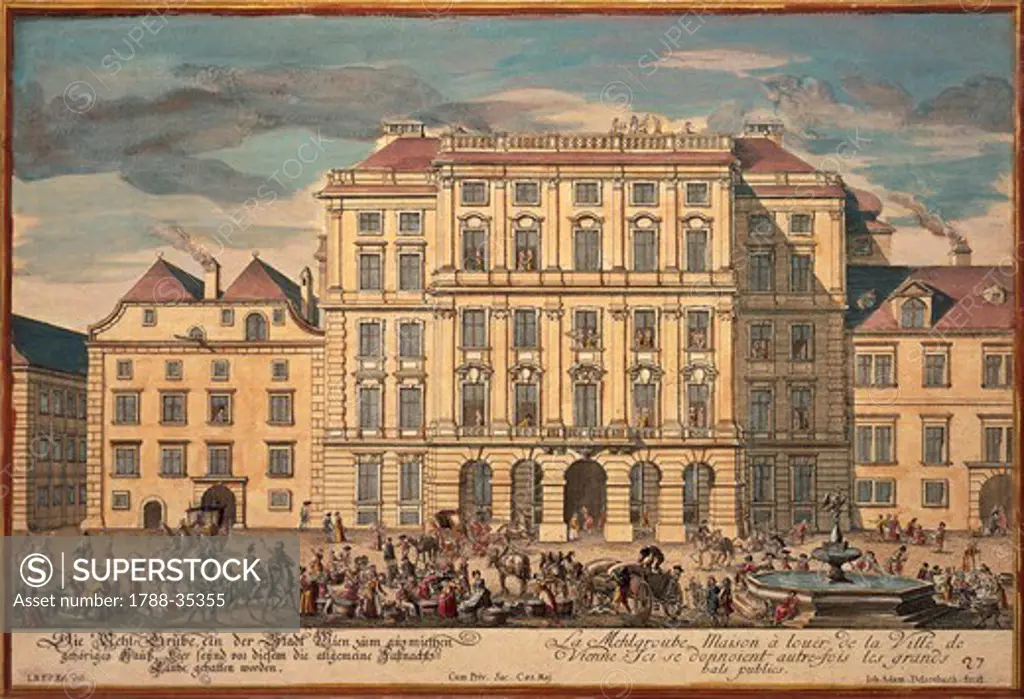 Austria, 18th century. Vienna. The Mehlgrube where balls and concerts were held and where even Mozart played. Today it is a hotel. Engraving.