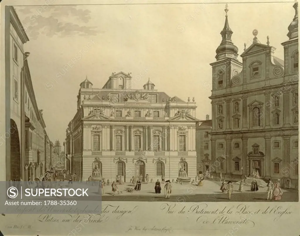 Carl Schutz (1745-1800). Vienna, the old university and the Jesuitenkirche (Jesuit church) or Universit_tskirche (University church).