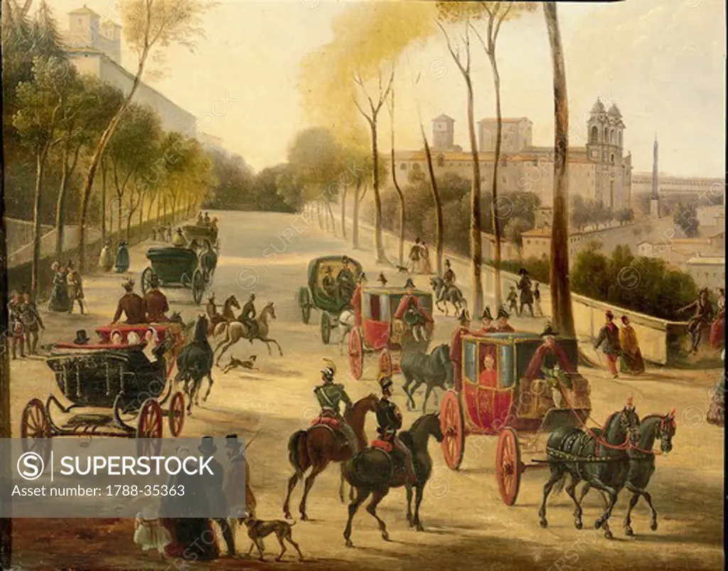 Italy, 18th century. Rome, carriage rides in the Pincio Gardens. Unknown artist.