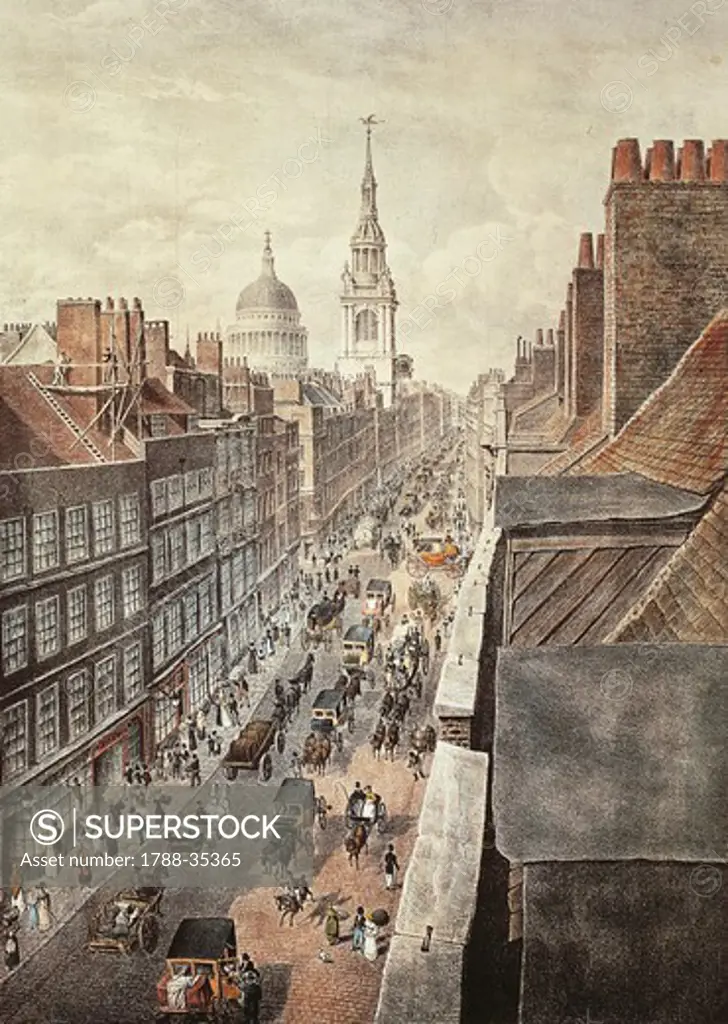 The United Kingdom, 19th century. View of Cheapside, a street in London in the early 1800s. Engraving