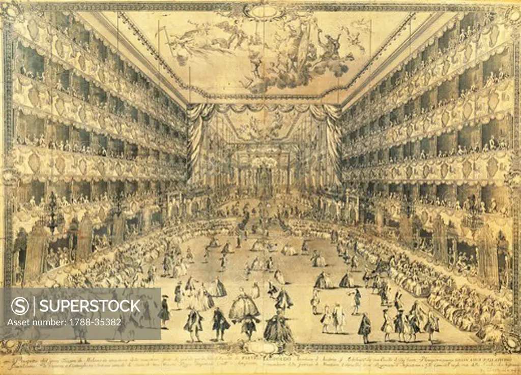 Italy, 18th century. Interior of the Teatro Ducale: prospect of the great theatre of Milan on the occasion of the jubilee celebrations of the birth of the archduke of Austria Pietro Leopoldo, held by His Excellency the plenipotentiary Count Giovan Luca Pallavicino.
