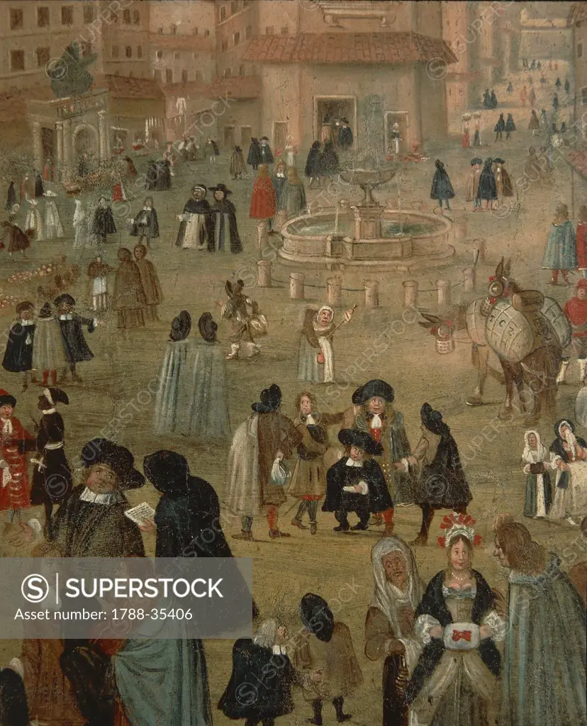 Italy, 16th century. Perugia, scene of city life. Detail from a painting.