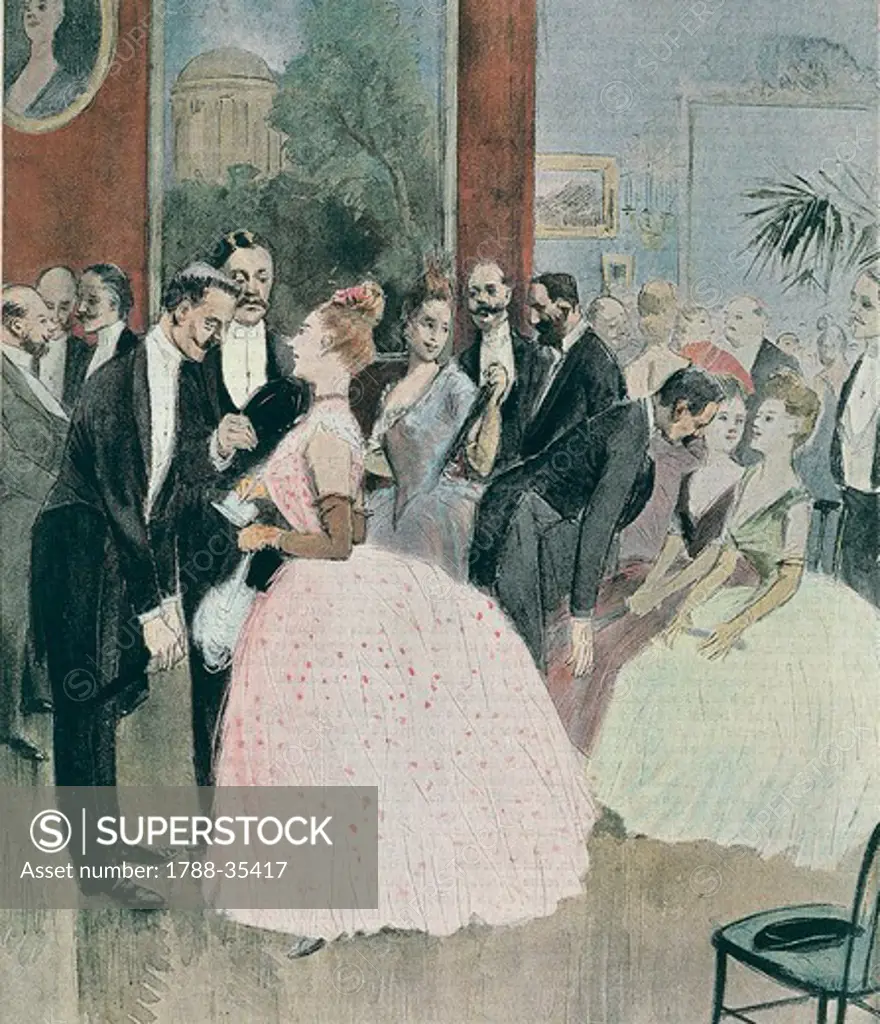 France, 19th century. A ball in Paris, 1888. Engraving from a watercolour by Jean-Louis Forain (1852-1931)