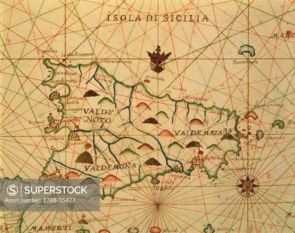 Cartography, Italy, 16th century. Sicily Region, detail from a portolan chart.