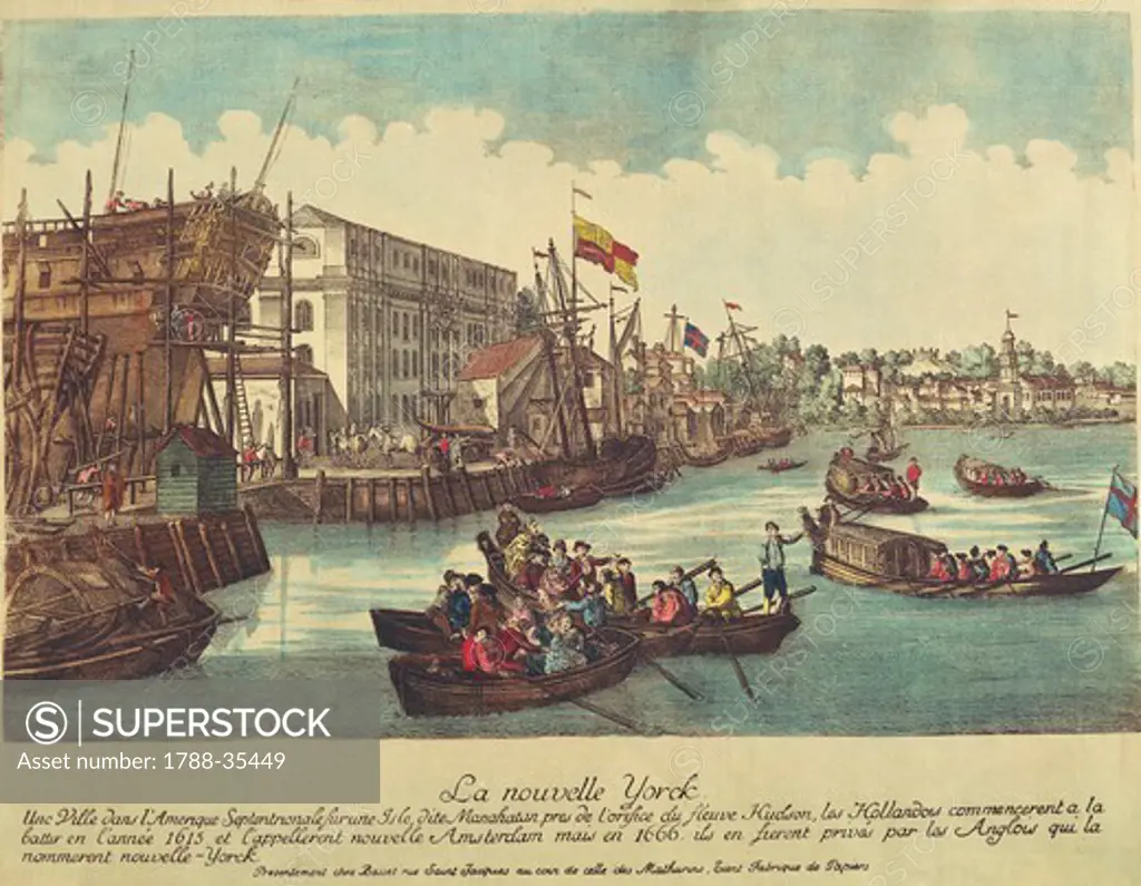 United States of America, 18th century. New York port. Colour print.