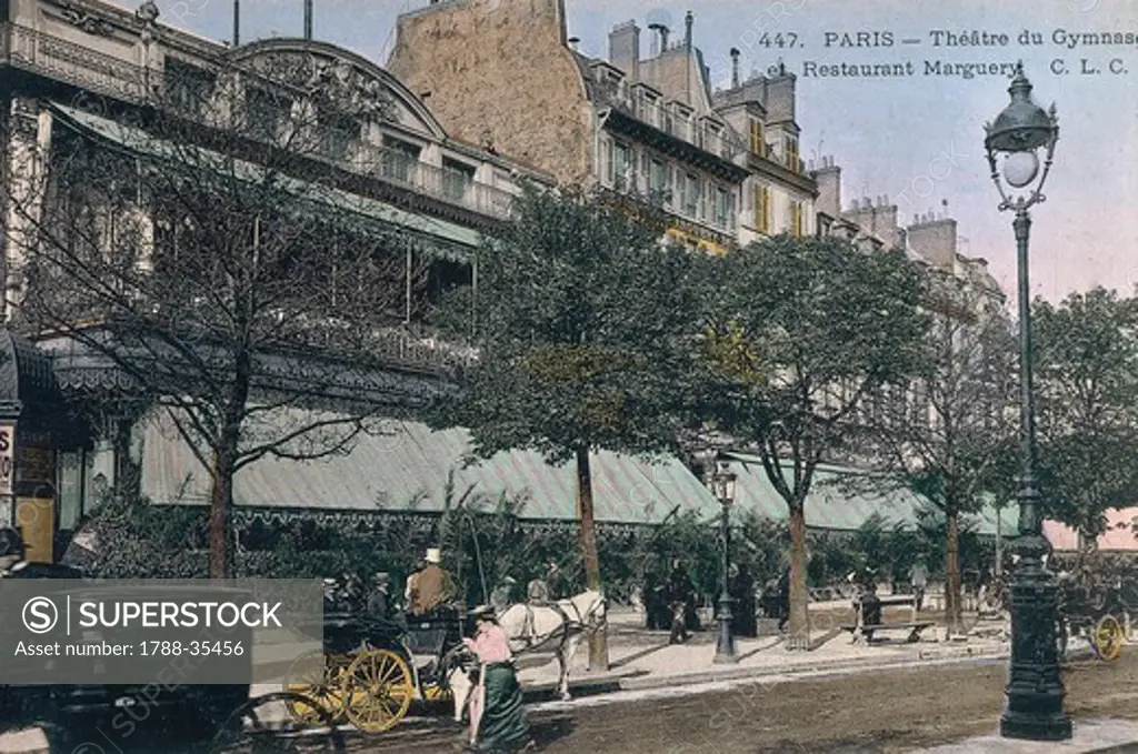 France, 20th century. Paris, the Gymnase Theatre and Marguery Restaurant. Postcard from the beginning of the 1900s.
