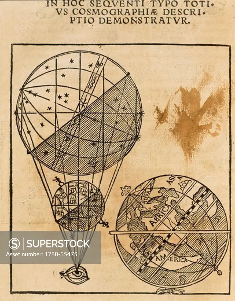 Cartography, 16th century. The globe, from Cosmographia, by Petrus Apianus or Peter Bienewitz (1495-1552). Antwerp, 1529.