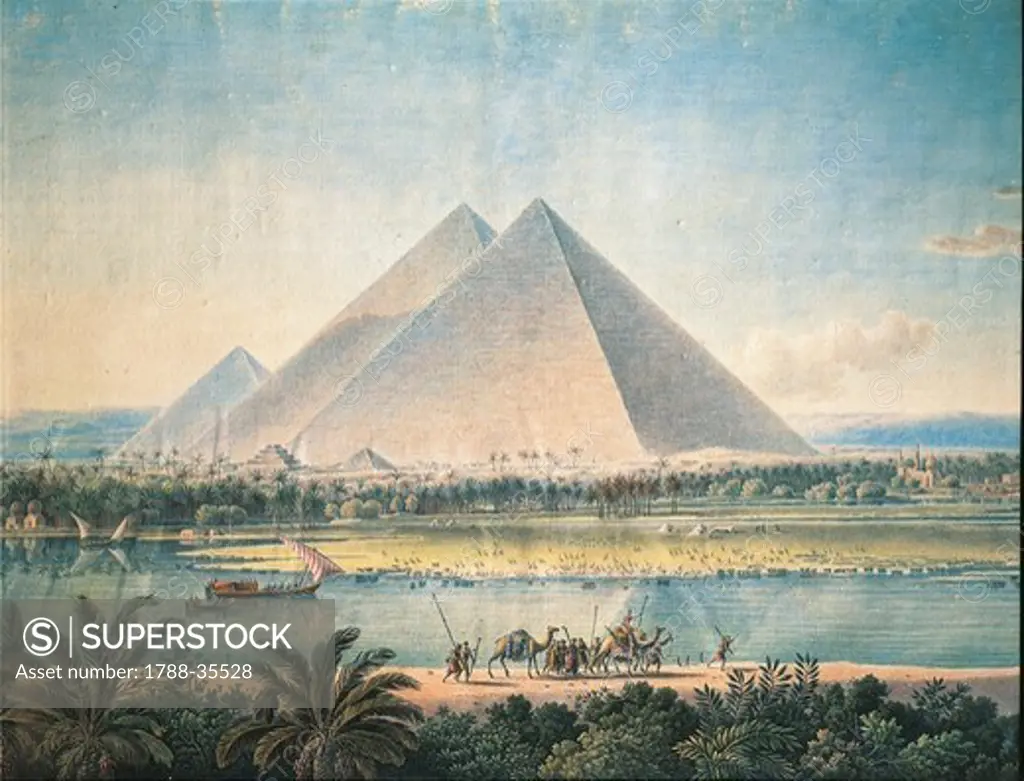 Egypt, 19th century. Giza Valley, the pyramids of Cheops, Chefren and Menkaura. Watercolour.