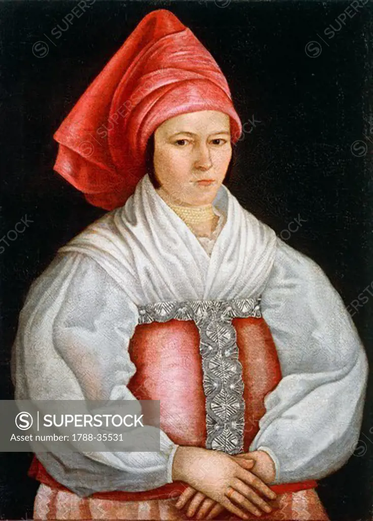 Peasant wearing a red scarf, ca. 1800, Russia 19th century.