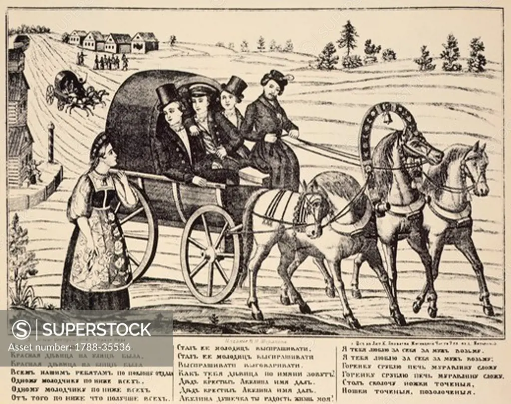 Lubok, folk song book illustration, Russia 19th century.