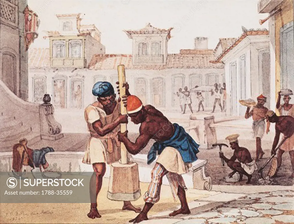 History of Exploration, Brazil, 19th century. Workers laying paving. From Journey to historic and picturesque Brazil of Jean Baptiste Debret, 1834.
