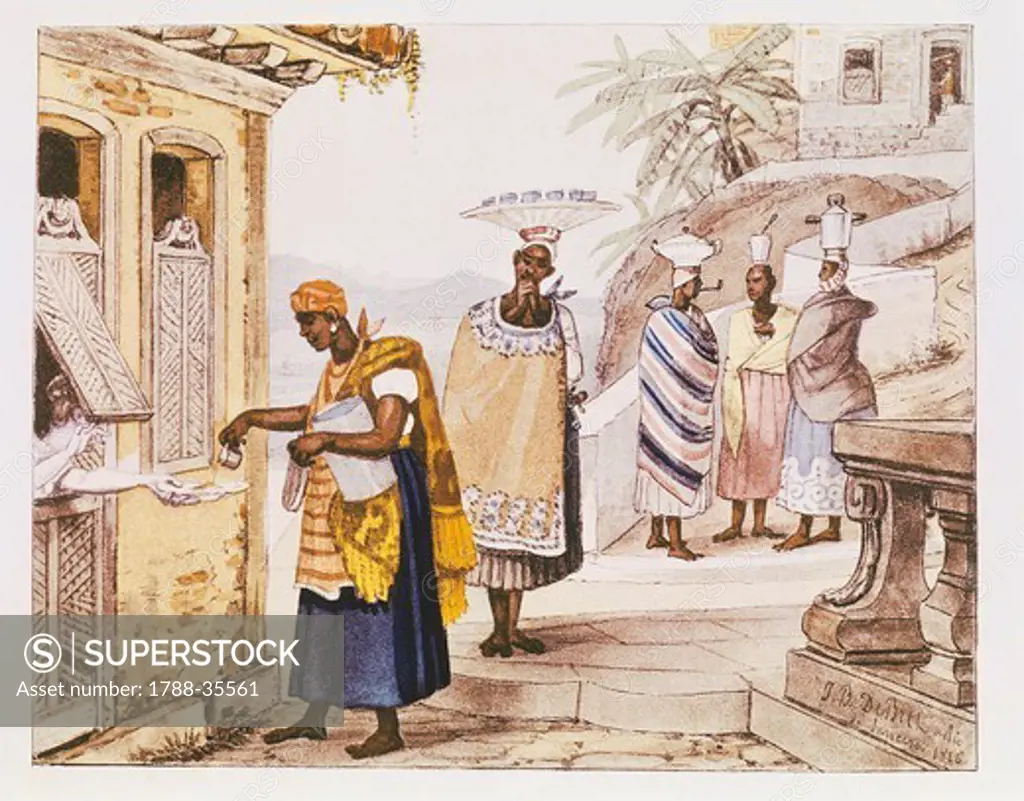 History of Exploration, Brazil, 19th century. Selling Coffee. From Journey to historic and picturesque Brazil of Jean Baptiste Debret, 1834.