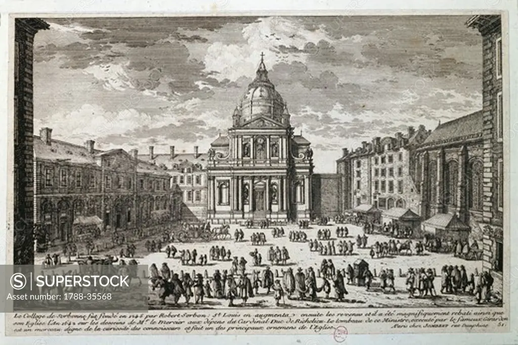 France, 18th century. Paris, view of the Sorbonne University. Engraving