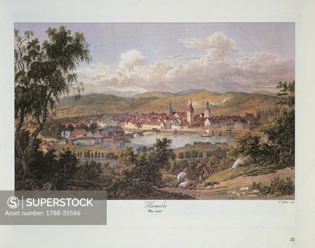 Germany, 19th century. View of the city of Hameln or Hamelin in 1830.