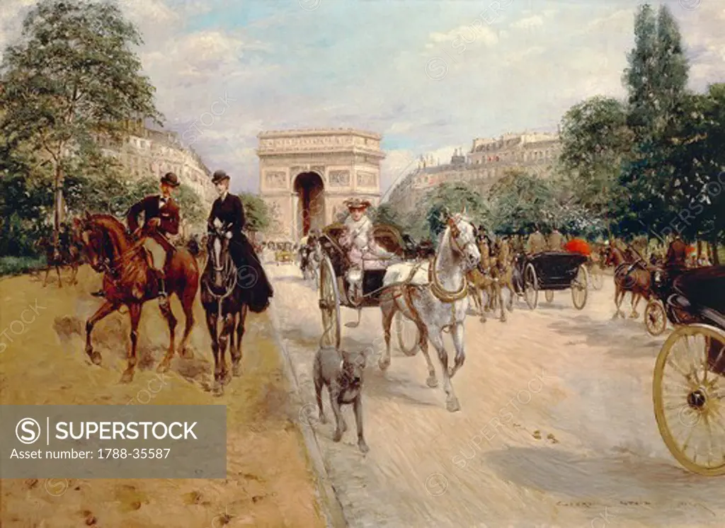 Riders and coaches on Bois de Boulogne Avenue in Paris with the Arc de Triomphe in the background, by Georges Stein (1818-1890), France 19th Century.