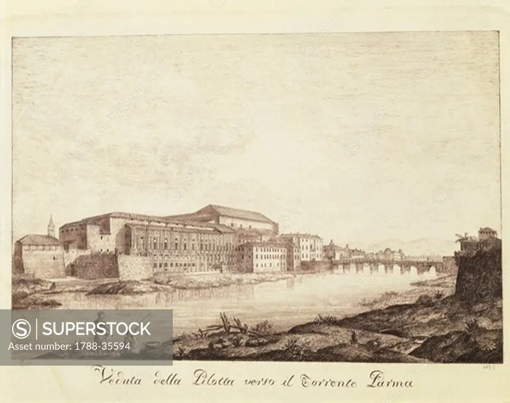 Italy, 19th century. Parma, Palazzo della Pilotta (Palace of Pelota) facing onto Lungoparma.