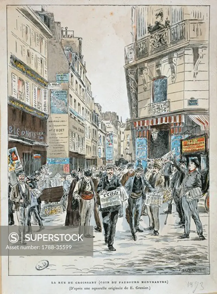 France, 19th century. Newspaper vendor in rue du Croissant on the corner of rue du Faubourg Montmartre in Paris. Print from a watercolour by Ernest Grenier, 1893.