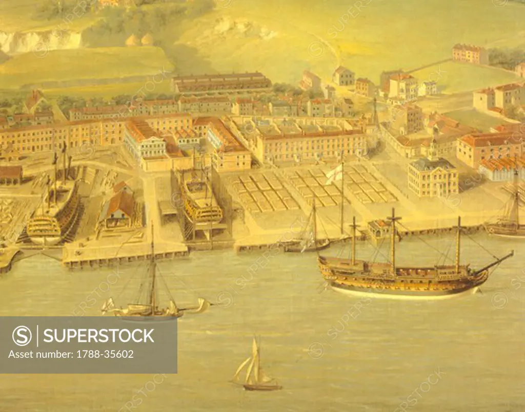 The Royal Dockyard at Woolwich, near London, by Nicholas Pocock, 1790, England 18th century.