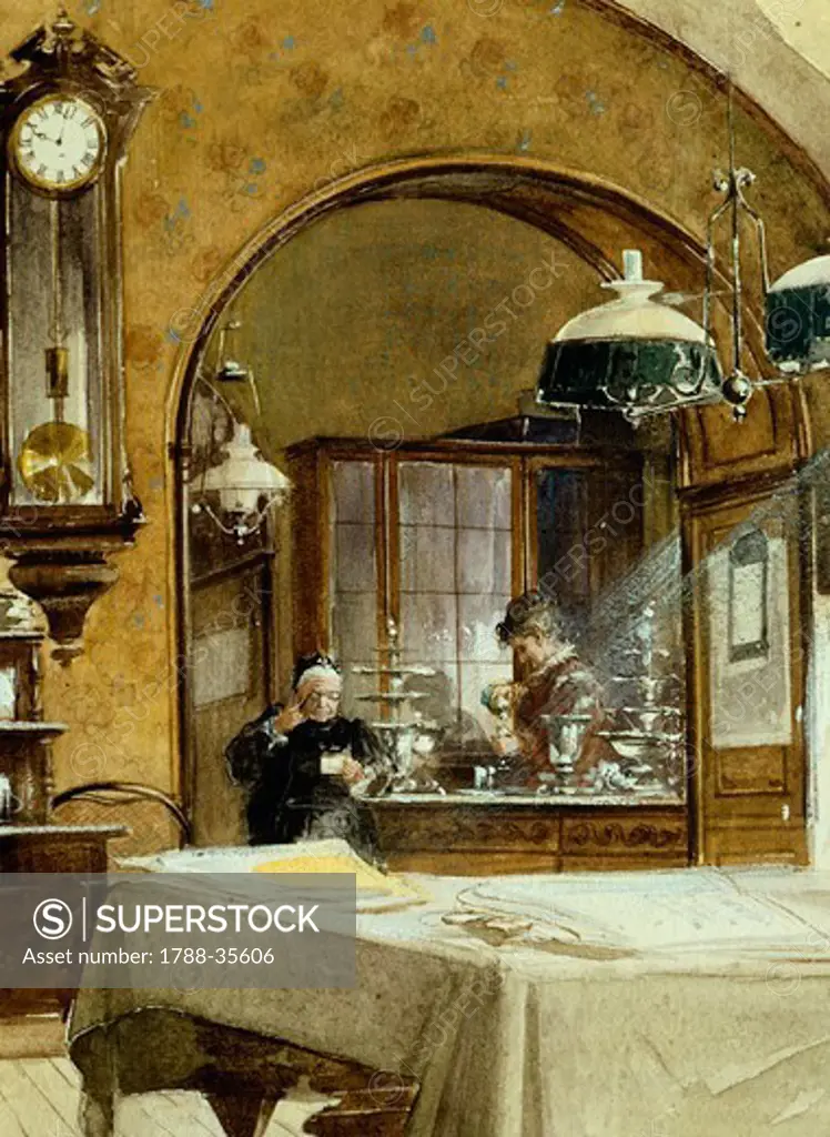 Interior of a cafe' in Vienna at the end of 19th century, Austria. Watercolor.