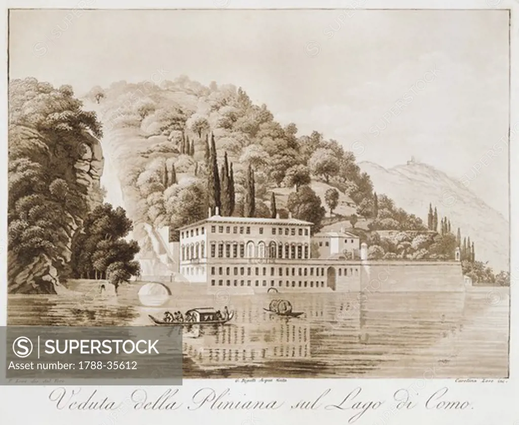 Villa Pliniana in Torno on Lake Como, by Historical Travel Pictorial (1823) at the three lakes (Major, Lugano, Como), 1823, Italy 19th Century.