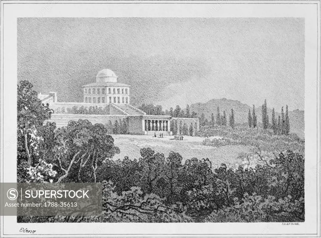 Villa La Rotonda in Inverigo, by Luigi Cagnola, 1813, Italy 19th Century. Drawing.
