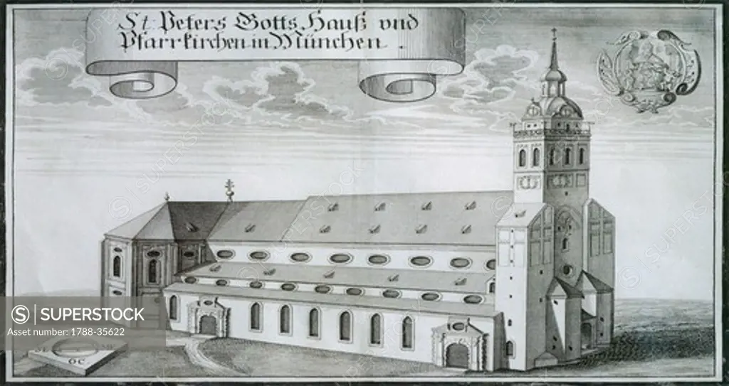 St Peter Church in Munich, 1701, by Michael Wening, Germany 18th Century. Engraving.