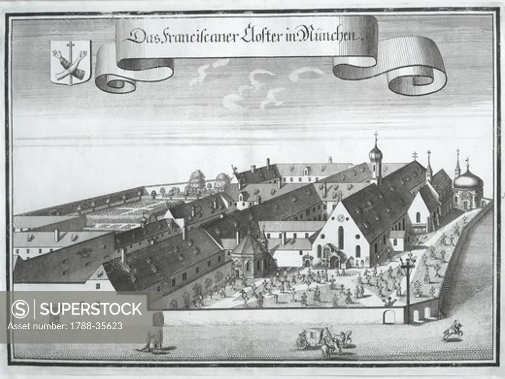 Germany, 18th century. Munich, Franciscan (Franzisknenkloster) Convent, 1701. Engraving by Michael Wening.