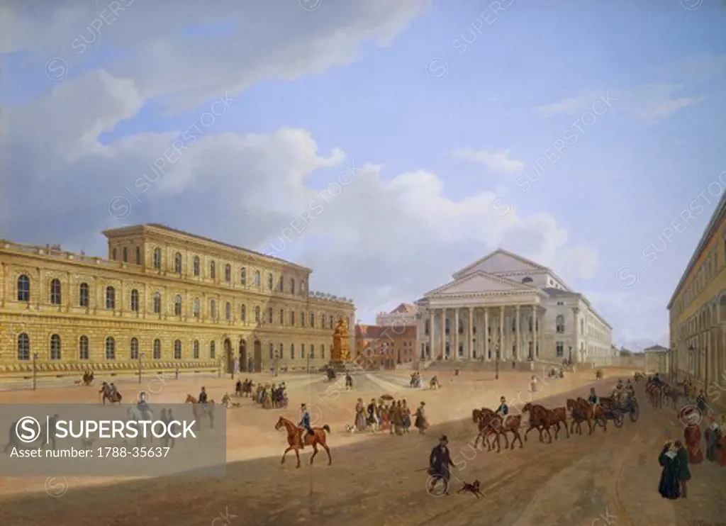 The National Theatre Square in Munich, 1839, Germany 19th Century. Watercolour.