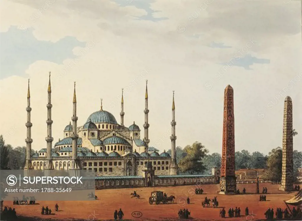 Turkey, 19th century. Istanbul's Blue Mosque or Sultanahmet Camii (Mosque of Sultan Ahmet). Engraving by Luigi Mayer, 1804.