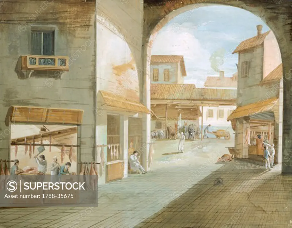 The Butcher's Shop, by Giuseppe Bernardino Bison (1762-1844), Italy 18th Century. Tempera on cardboard.