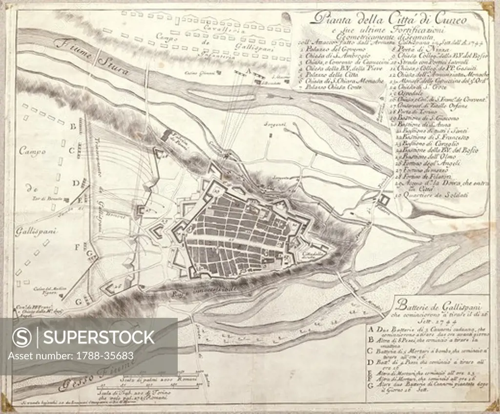 Cartography, Italy, 17th century. Map of Cuneo and its fortification, Piedmont Region, 1744