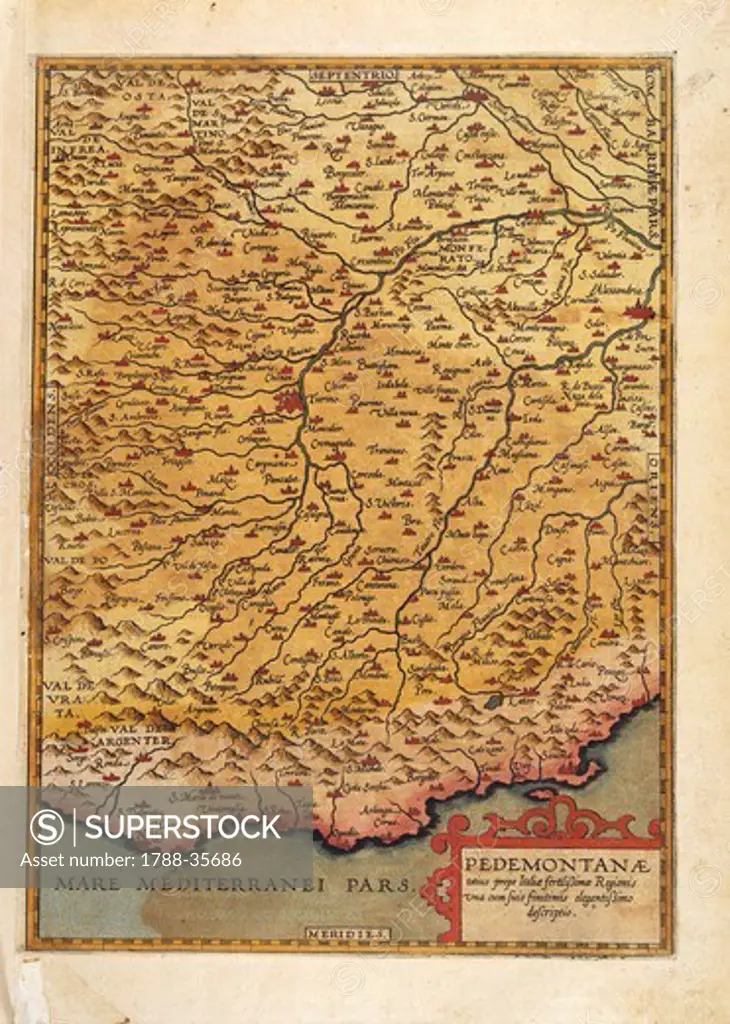 Cartography, 16th century. Map of Piedmont and western Liguria Regions. From a republication of Speculum Orbis Terrae, by Jerard de Jode. Antwerp, 1593.