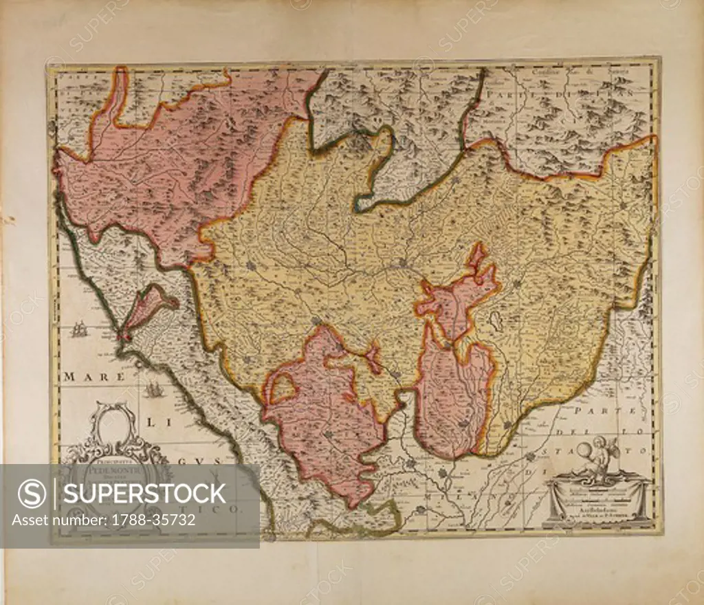 Cartography, Italy, 17th century. Map of Principality of Piedmont. From Nova et accurata Italiae Hodiernae Descriptio by Jodocus Hondius, Amsterdam. Copper engraving.