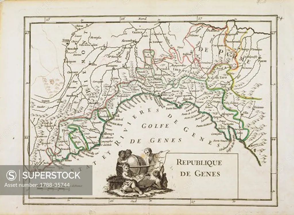 Cartography, Italy, 17th century. Genoa Republic. France, copper engraving.