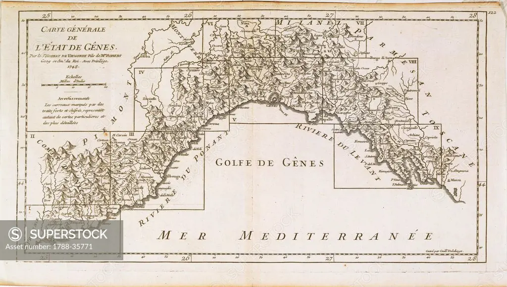 Cartography, Italy, 17th century. Republic of Genoa. Map by Robert de Vaugondy, Paris, 1748. Copper engraving.
