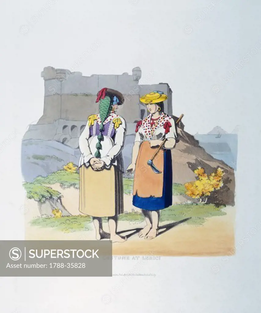 Traditional dress from Lerici, 1821, Printed in London by Cradock and Toy. Steel engraving, watercolor.