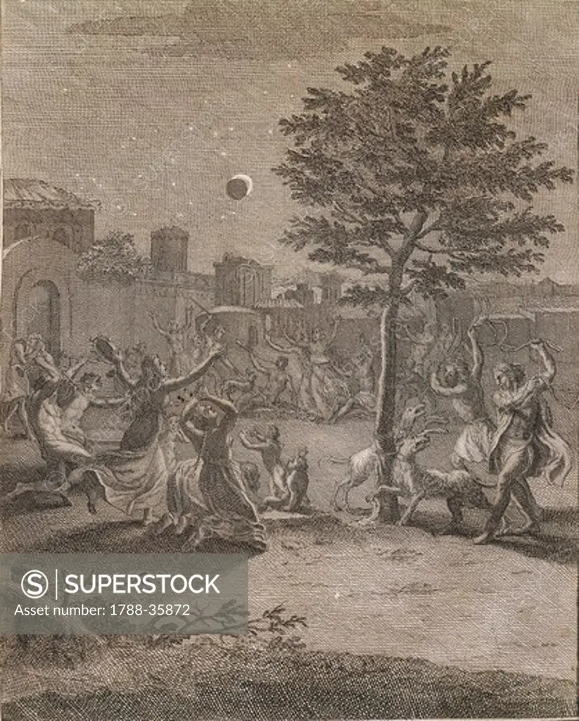 History of Exploration, Peru, 18th century. Peruvians' fear during a lunar eclipse. Engraving from Journey to America, by Giorgio Juan and Antonio Ulloa, 1752.