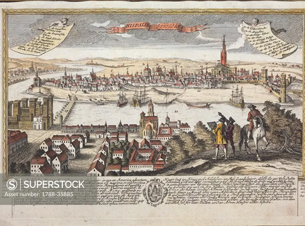 Spain, 18th century. The port of Seville. Engraving, 1740.