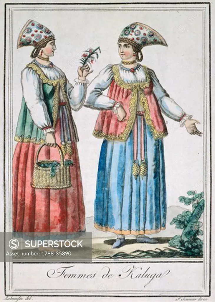 Kaluga women in traditional costumes, from the Encyclopedie des Voyages of Jacques G. de Saint-Sauveur, 1795, Russia 18th century.