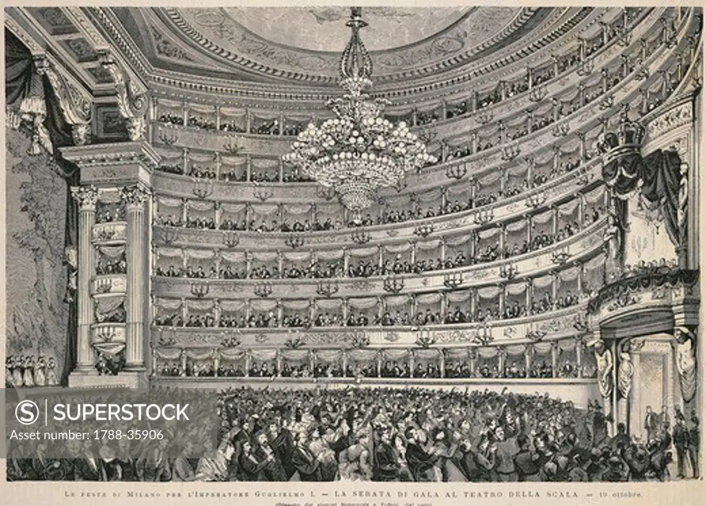 Italy - 19th century - Milan celebrates German Emperor William I. Evening gala at La Scala theatre, October 19, 1875. Engraving from a drawing by Bonamore and Tofani.