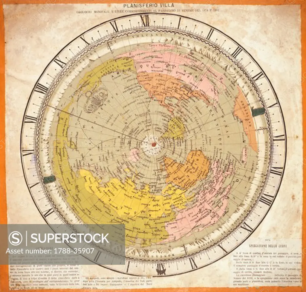World Clock and time lines indicating the path of Venus from 1874 to 1882, by Ignazio Villa, taken from Villa's Map of the World, 19th century. Plate.