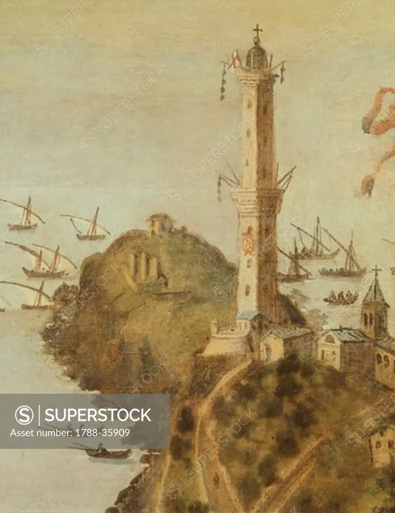 Excavation of the seabed between Spinola and Calvi Bridges in Genoa, by Christopher Grassi, 1597, Italy 16th Century. Tempera on canvas. Detail.