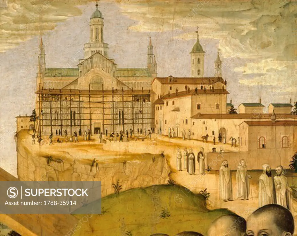 Construction of the Certosa di Pavia, by Ambrogio da Fossano known as Bergognone (1453-1523 ca.), Italy 15th Century. Detail.