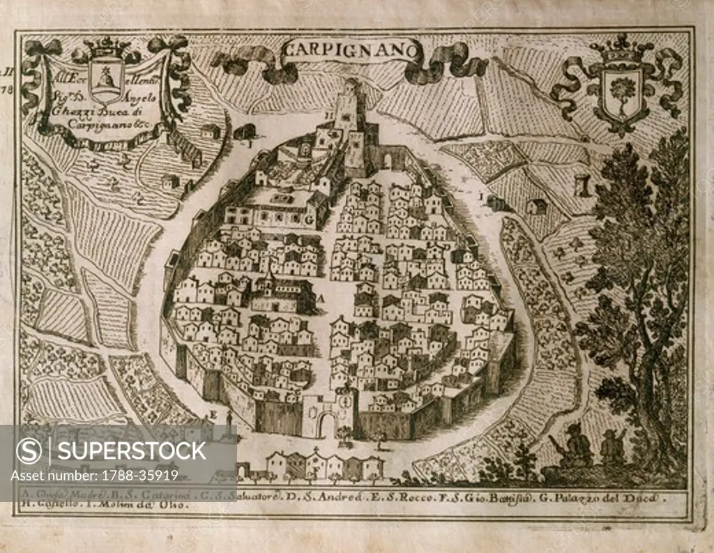 Cartography, Italy, 17th century. Map of Carpignano Salentino, Lecce.